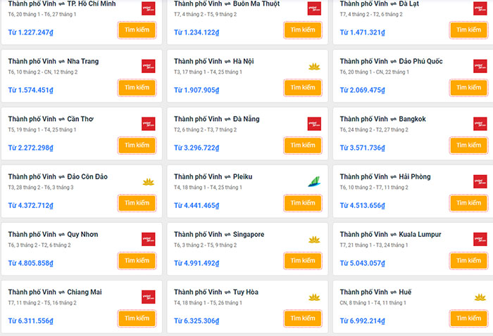 sân bay vinh có những đường bay nào